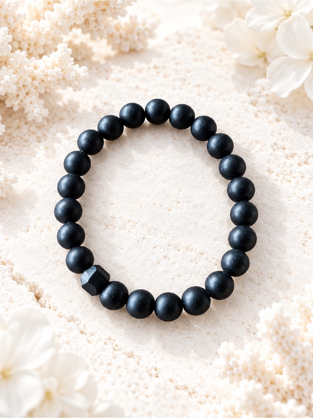 Matte Black Beaded Stretch Bracelet - Unbranded